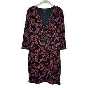 Tahari Womens Black Pink Floral Wrap Size 6 Dress 3/4 Sleeve V-Neck Lined
